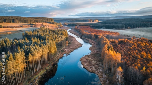 Aerial View of a Serene River Winding Through Autumnal Forest