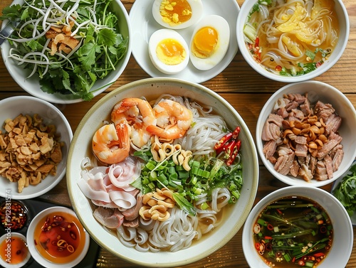 Hu Tieu. The most popular Vietnamese dishes. A noodle soup that can be served dry or with broth, featuring a variety of toppings like pork, shrimp, and quail eggs.