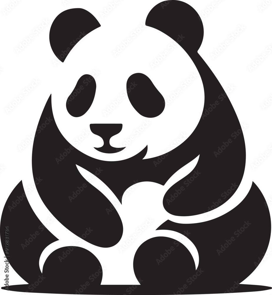 Obraz premium Minimalist panda bear logo, black and white giant panda vector illustration, stylized sitting panda mascot for branding, clean animal silhouette eps graphic for conservation projects