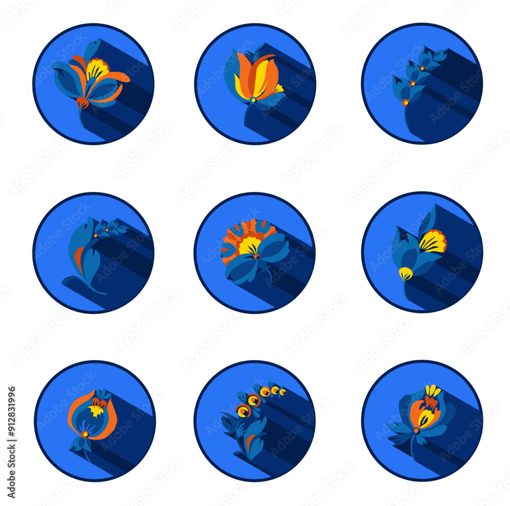 Flower logo with shadows. Traditional Ukrainian painting of Petrykivka. Elements of blue and yellow floral ornament. Decorative vector illustration. Flower logo with shadows. Traditional Ukrainian painting of Petrykivka. Elements of blue and yellow floral ornament. Decorative vector illustration.