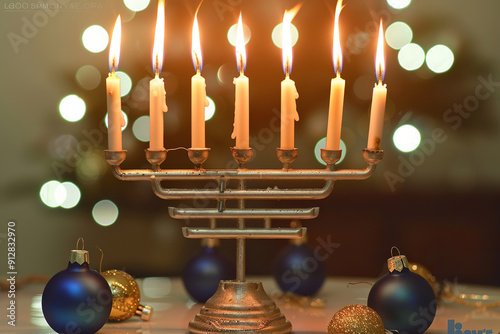 Generative ai on theme of big candlestick with burning candles for celebration holiday Hanukkah photo