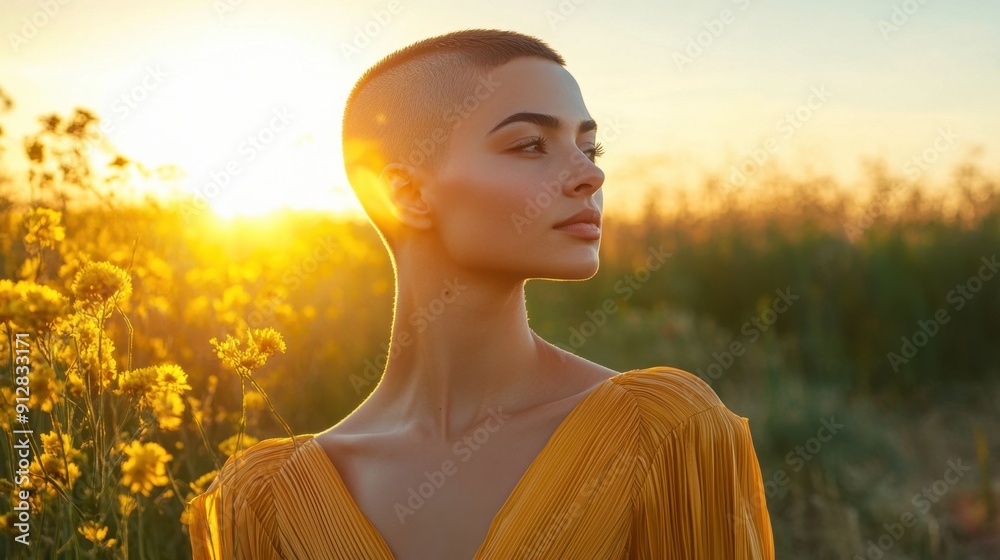 Young woman is posing in a field during golden hour, with the sun ...