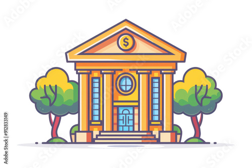 Illustration of a colorful bank building with trees, financial institution concept, cartoon style.