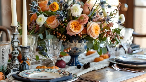Elegant Thanksgiving Table Setting with Autumn Florals and Candles