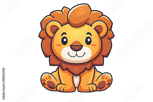 Cute cartoon lion sitting with a sweet smile, vector illustration, ideal for children's books, educational materials, and playful designs.