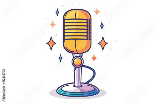 Colorful cartoon illustration of a vintage microphone with sparkles, ideal for music, podcast, or radio-themed designs.