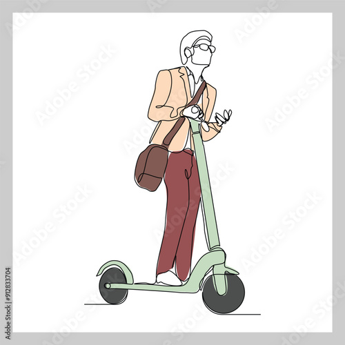 Continuous single line sketch drawing of young man ride electric scooter for mobile activity. One line modern go green future transportation vector illustration