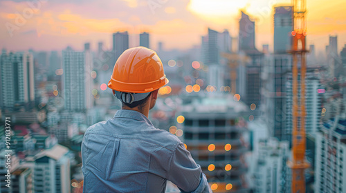 A man wearing an orange hard hat is looking out over a city