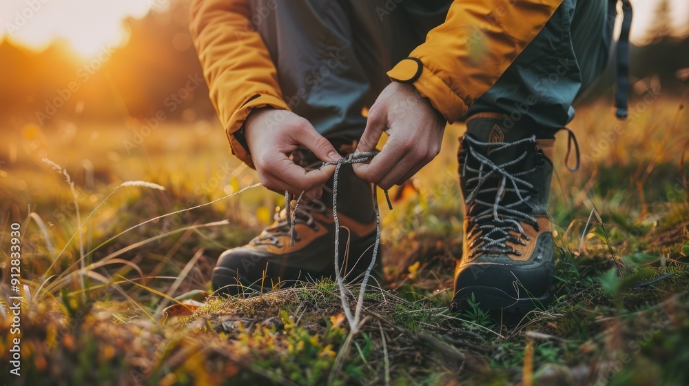 Hiker lacing up trekking shoes before a trek. Hiker lacing up trekking shoes before a trek.