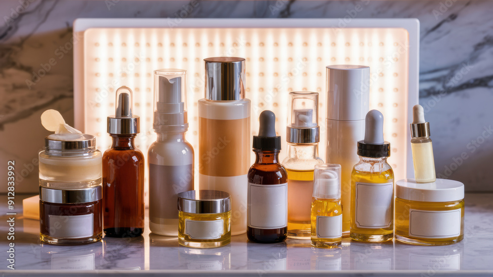 A group of bottles and jars on a counter with light, AI A group of bottles and jars on a counter with light, AI