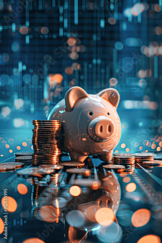 A piggy bank is sitting on a pile of coins photo