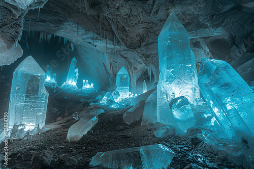 Generative ai on theme of a large beautiful sharp stalactites hanging down from deep mountain cave photo