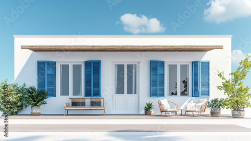 Fototapeta Naklejka Na Ścianę i Meble -  A white house with blue shutters and a blue awning