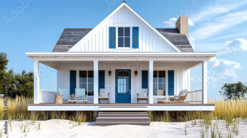 A large white house with a blue door and blue shutters