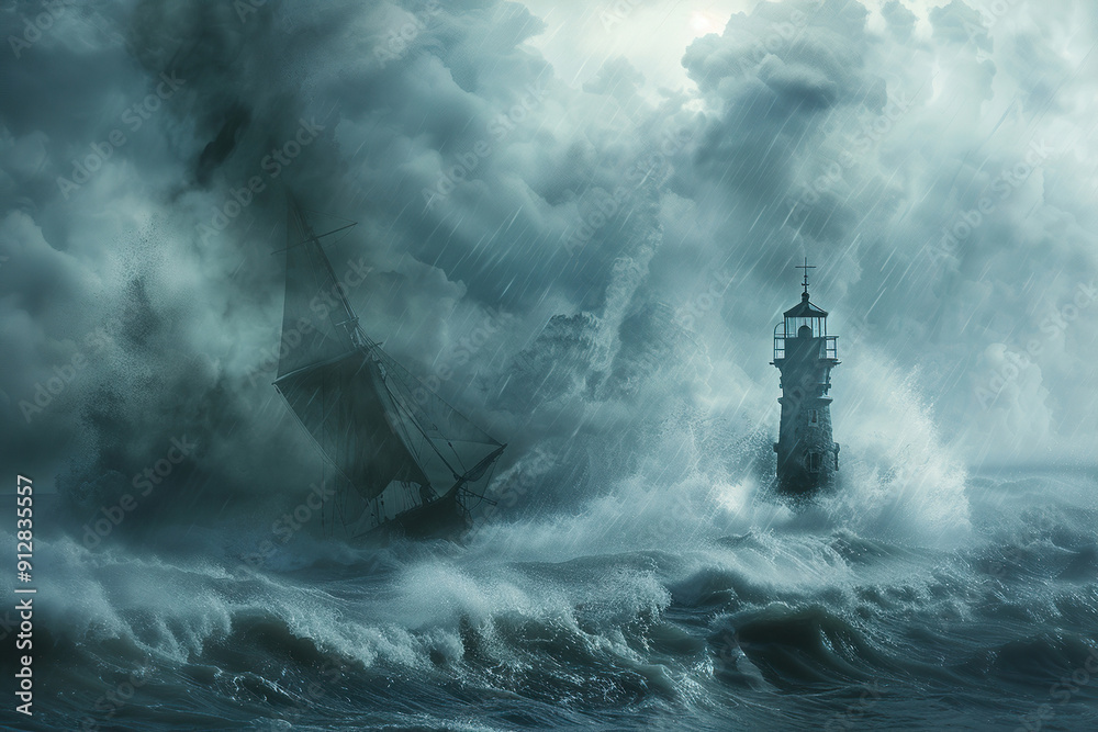 Generative ai on theme of large retro lighthouse with beam of bright light shining out to blue sea Generative ai on theme of large retro lighthouse with beam of bright light shining out to blue sea