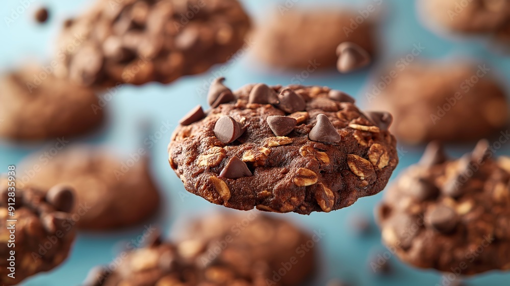 chocolate colored oatmeal cookies with bits of chocolate chip on top. the cookies are afloat in mid air. royal blue background chocolate colored oatmeal cookies with bits of chocolate chip on top. the cookies are afloat in mid air. royal blue background