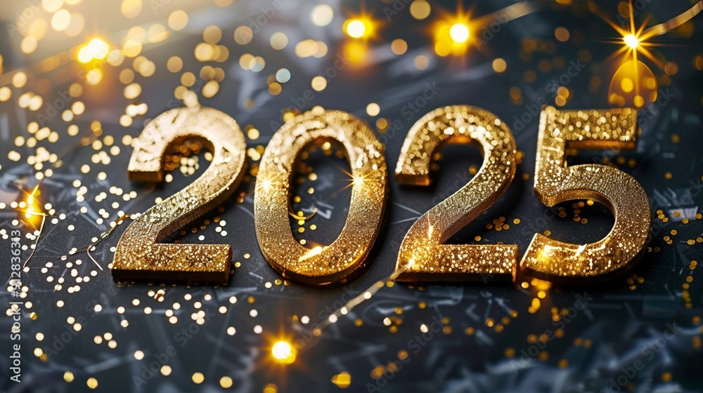 Glittering golden numbers 2025 on dark background with sparkling lights and bokeh, symbolizing New Year celebration and festive anticipation. Glittering golden numbers 2025 on dark background with sparkling lights and bokeh, symbolizing New Year celebration and festive anticipation.