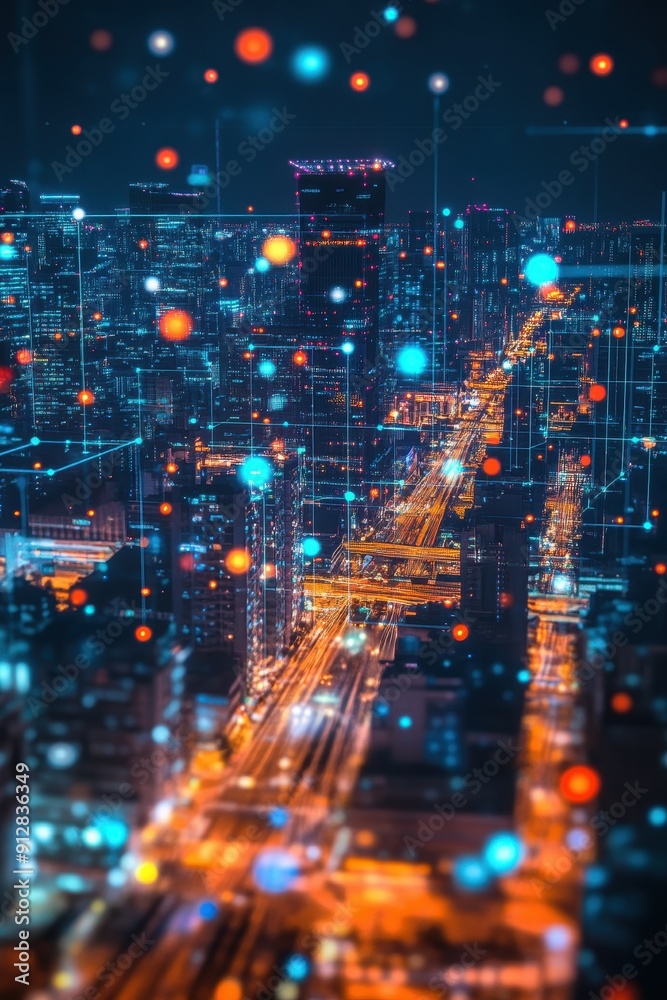 Obraz premium Digital network overlay in a futuristic smart city 