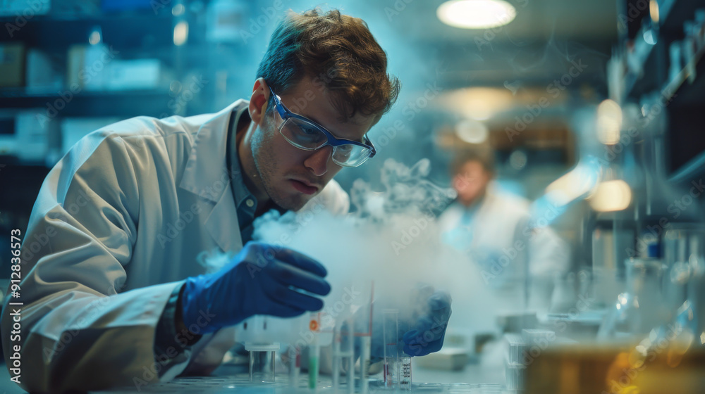 scientists in lab coats performing inhalation testing procedures laboratory setting, focusing actions actuating inhaler testing apparatus analyzing aerosol proper scientists in lab coats performing inhalation testing procedures laboratory setting, focusing actions actuating inhaler testing apparatus analyzing aerosol proper