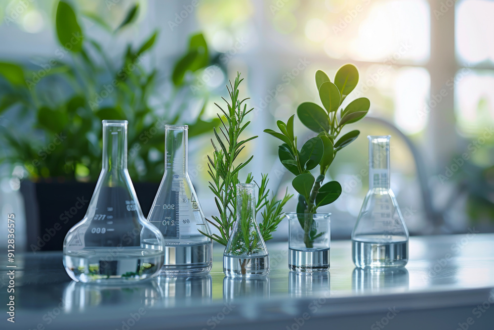 chemical laboratory equipment and green plants. in a style of modern, clean, and professional