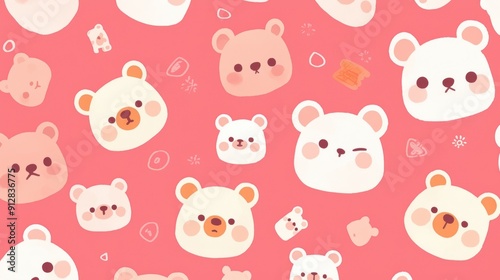 Cute pink teddy bear pattern and white texture, seamless design, adorable cartoon character concept for kids in digital world