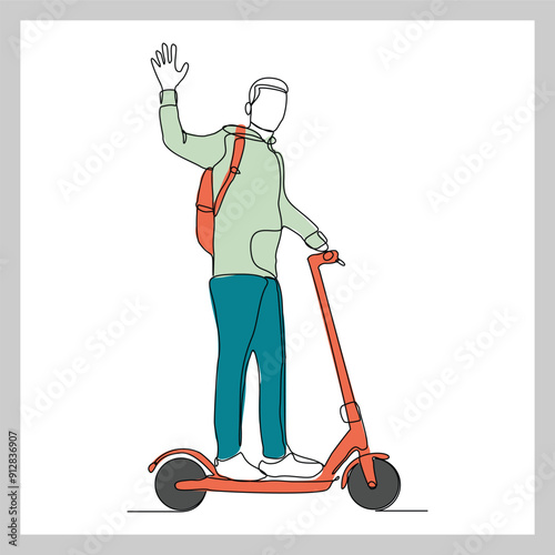 Continuous single line sketch drawing of young man ride electric scooter for mobile activity. One line modern go green future transportation vector illustration