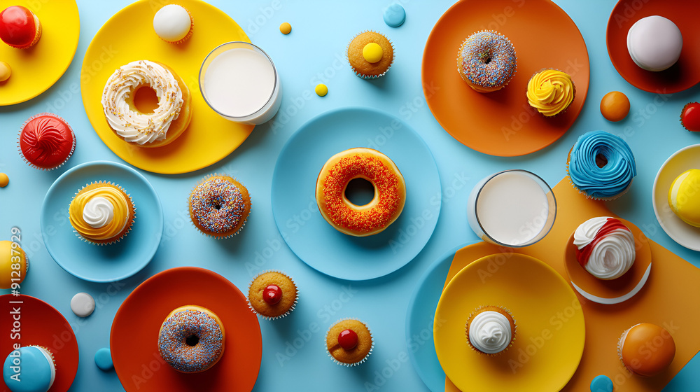 Fototapeta premium Conceptual Table Spread with Donuts, Muffins, Cupcakes, Coffee, and Milk