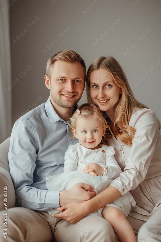 A young blond father and mother couple sitting holding their baby daughter in their arms, looking at the camera smiling. A young blond father and mother couple sitting holding their baby daughter in their arms, looking at the camera smiling.