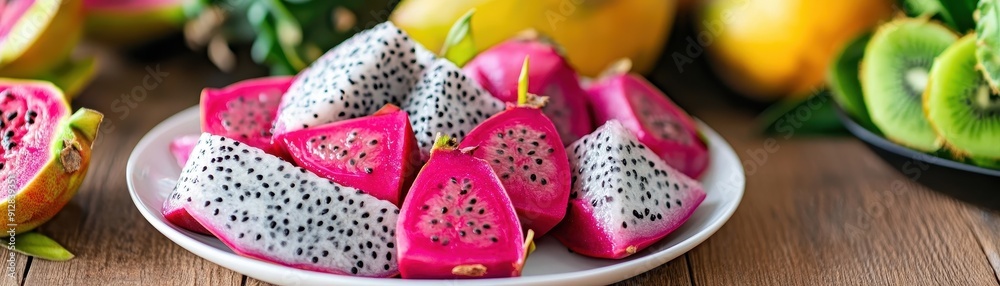 Dragon fruit slice on white plate Dragon fruit slice on white plate