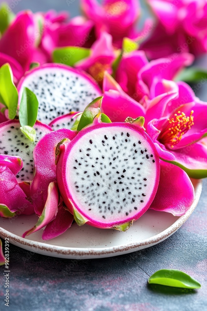 Dragon fruit slice on white plate Dragon fruit slice on white plate