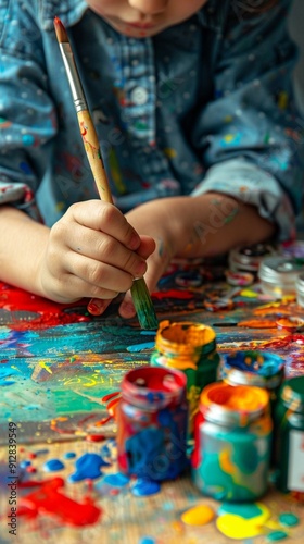 Close-up of a child's hand holding a paintbrush, surrounded by vibrant paint jars and colorful splatters on a messy art table, capturing creative play. photo