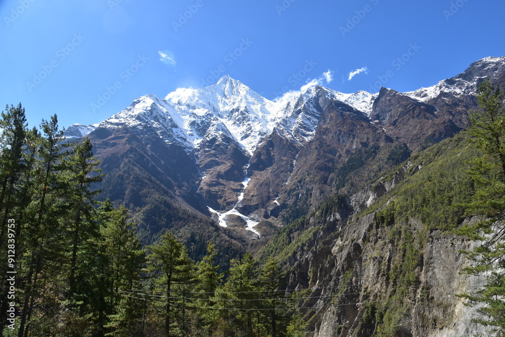 The dramatic scenery and landscapes while trekking the Annapurna Circuit in the Himalayas, Nepal 