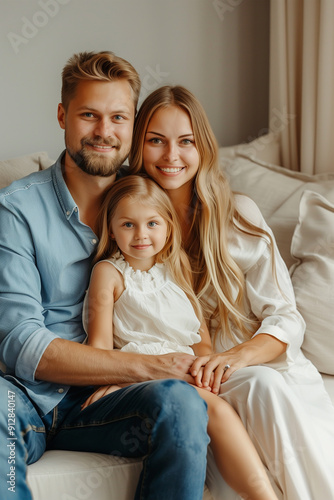 A young blond father and mother couple sitting holding their baby daughter in their arms, looking at the camera smiling.