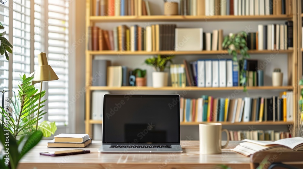 Home office setup with a laptop, bookshelves, and natural light. Home office setup with a laptop, bookshelves, and natural light.