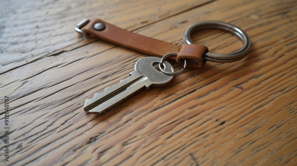 Leather Key Chain with Metal Key on Wooden Surface Leather Key Chain with Metal Key on Wooden Surface