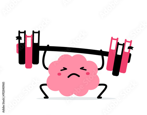 Vector cartoon education illustration of strong brain character lift book barbell up hardly on white color background. Flat doodle style design of healthy brain exercise with difficult weight