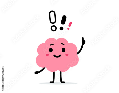 Vector cartoon illustration of cute happy brain character with exclamation mark on white color background. Flat doodle style design of solution brain think