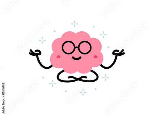 Vector cartoon meditation illustration of cute calm brain character sit in lotus yoga pose on white color background. Flat doodle style design of smile relax brain in glasses