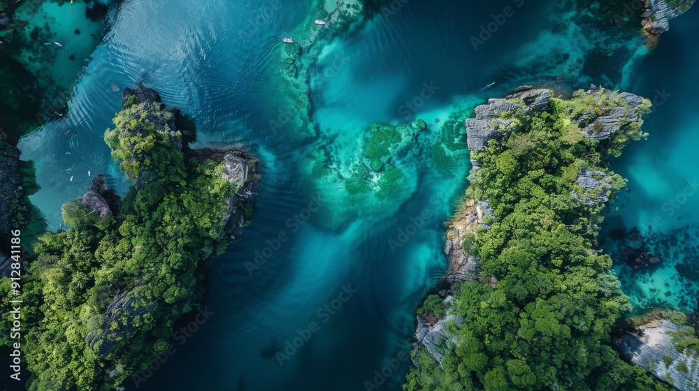 Aerial view of turquoise blue waters with lush green islands and kayakers exploring the area