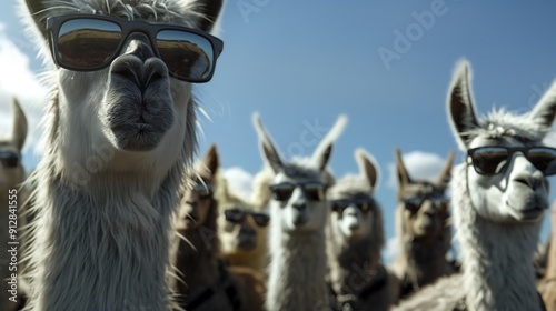 Crew of llamas looking at the camera and dressed like secret agents, some of them are wearing sunglasses photo