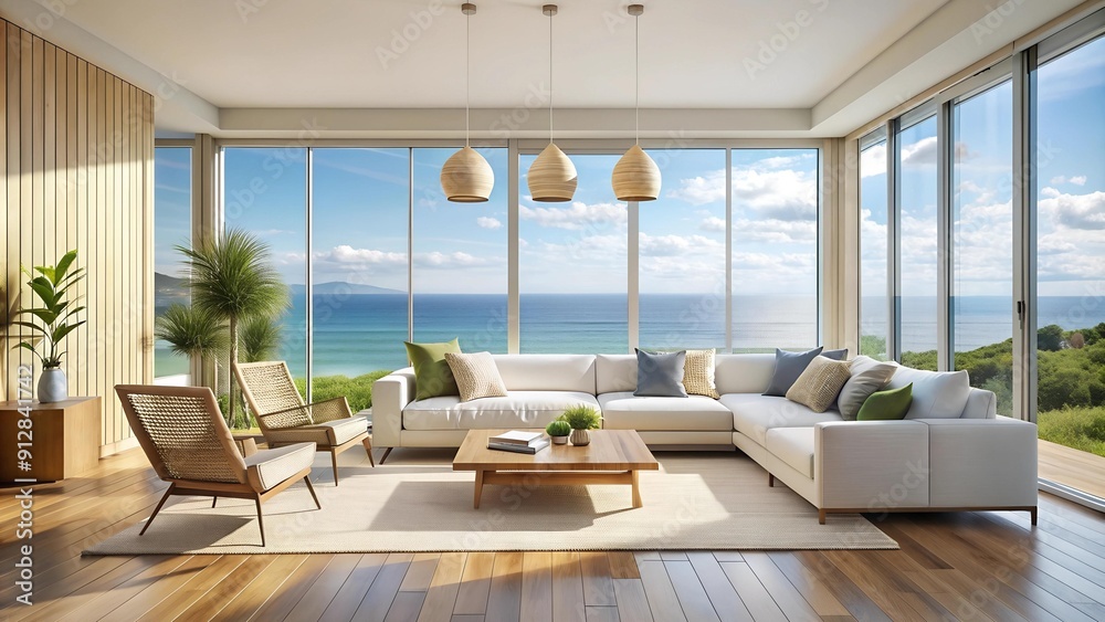 Serene Coastal Living Room with Ocean Views Generative AI Serene Coastal Living Room with Ocean Views Generative AI