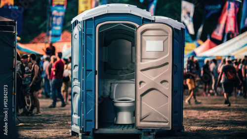 A portable toilet in a field with people around it, AI photo