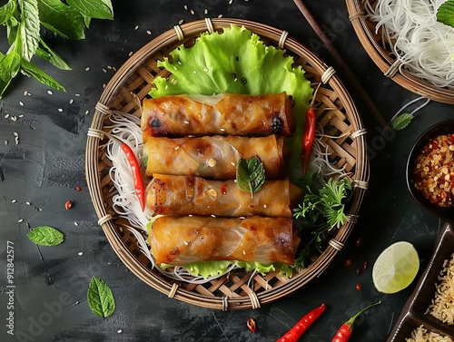 Nem Ran / Cha Gio. The most popular Vietnamese dishes. Fried spring rolls made with rice paper, filled with a mixture of ground meat, shrimp, vegetables, and noodles.