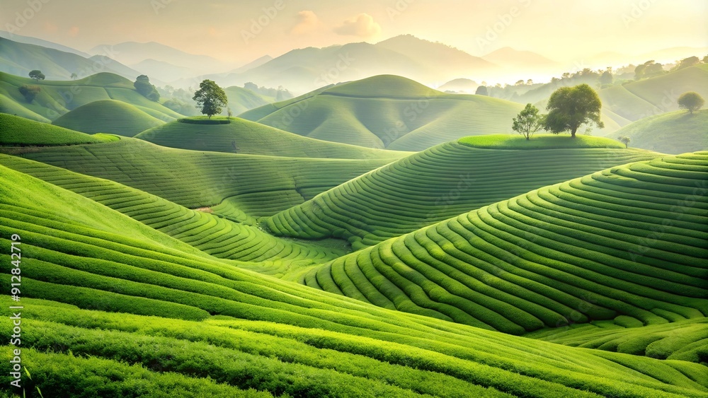 Serene Tranquility: A Minimalist Green Tea Landscape generative AI Serene Tranquility: A Minimalist Green Tea Landscape generative AI