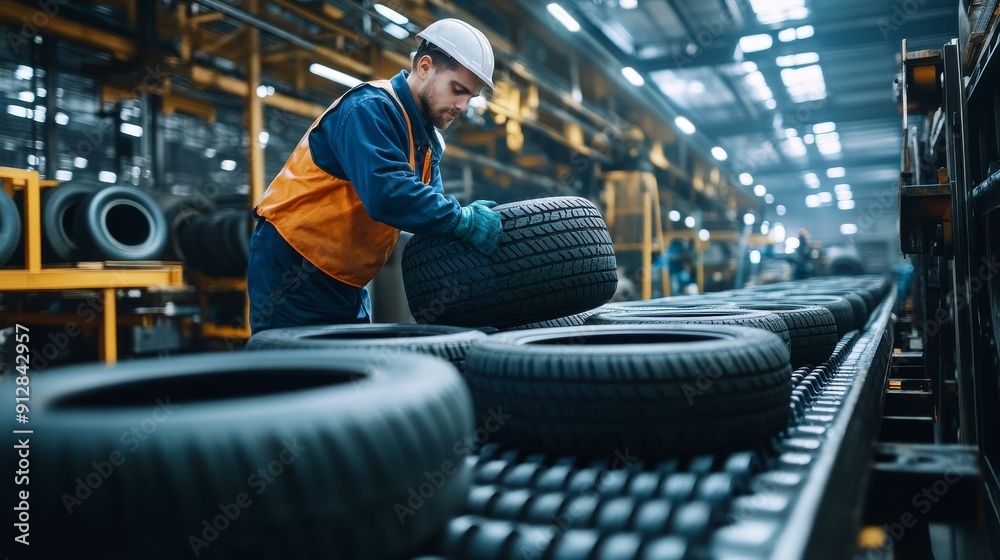 A worker handling tires on a conveyor belt in a tire manufacturing factory, emphasizing the industrial production process and labor. A worker handling tires on a conveyor belt in a tire manufacturing factory, emphasizing the industrial production process and labor.