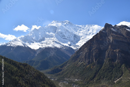 Hiking the Annapurna Circuit among the tallest mountains in the world in Nepal, Himalaya