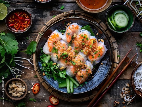 Nem Ran / Cha Gio. The most popular Vietnamese dishes. Fried spring rolls made with rice paper, filled with a mixture of ground meat, shrimp, vegetables, and noodles. photo