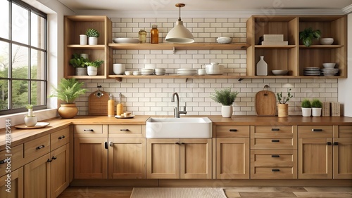 Warmth and Simplicity: A Beige Kitchen with Rustic Wooden Accents  Generative AI