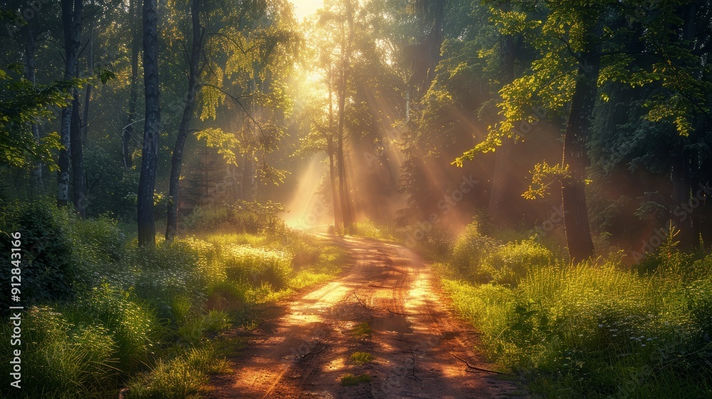 Fototapeta premium Golden sunlight filtering through trees on a serene forest path at dawn