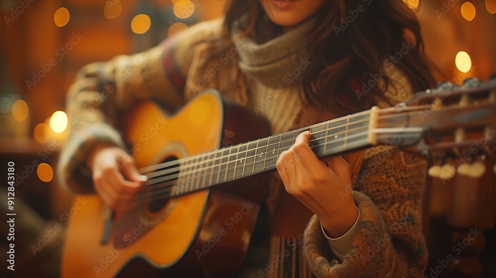 Fototapeta premium Young Musician Playing Acoustic Guitar in Cozy Indoor Setting With Soft Lighting